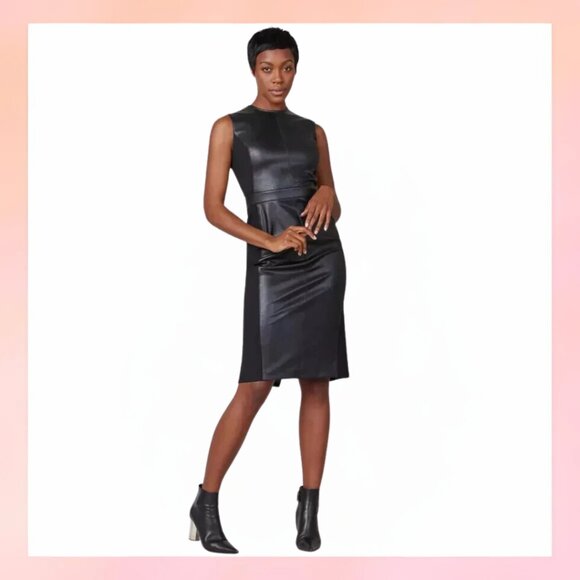 SPANX Dresses & Skirts - Spanx Leather Like Mixed Media Fitted Sheath Dress Size L Black